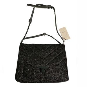 A New Day Womens Boxy Crossbody Bag Black Glitter Push Lock Flap Pockets